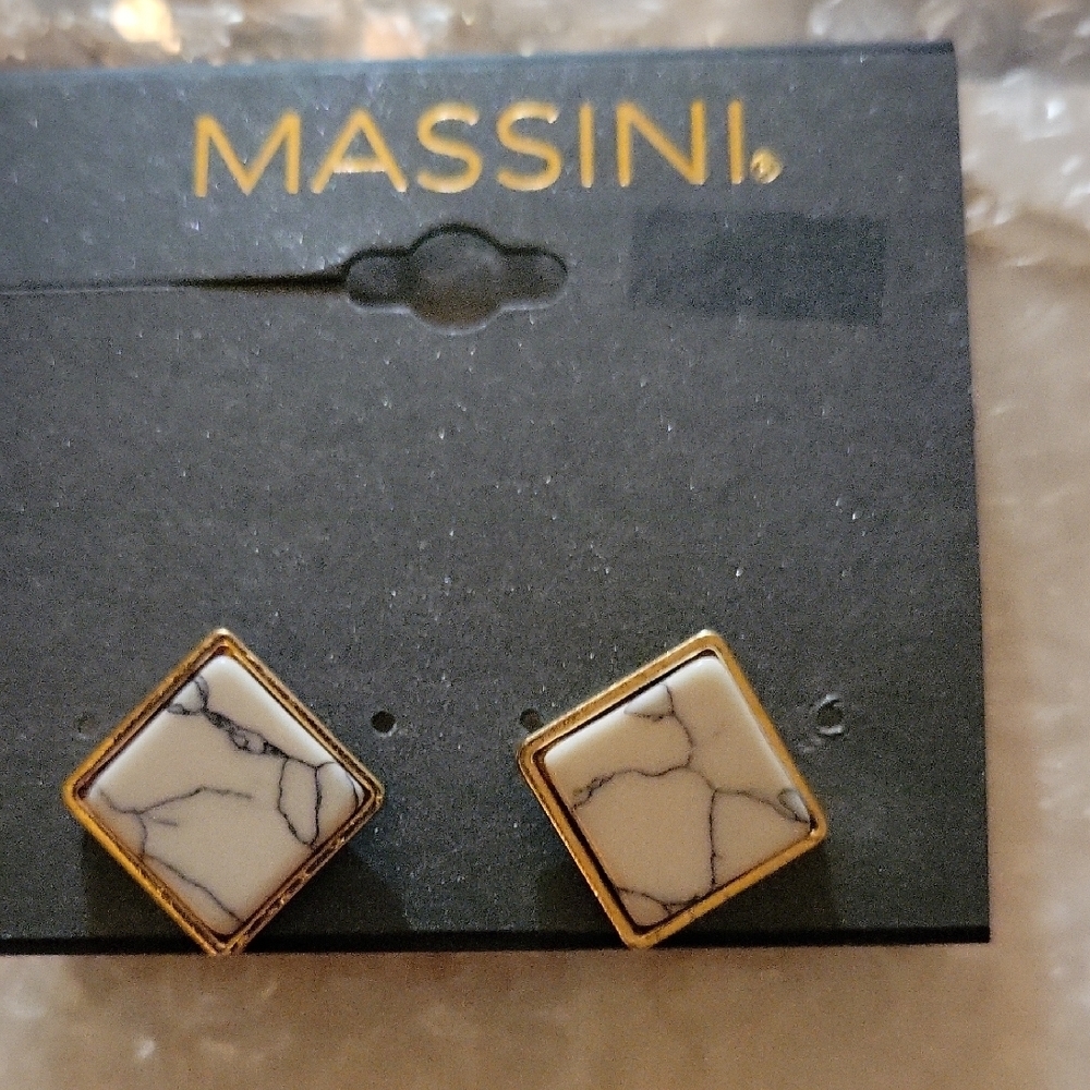 Massini Gold Tone White Marble Tile Square Earrings